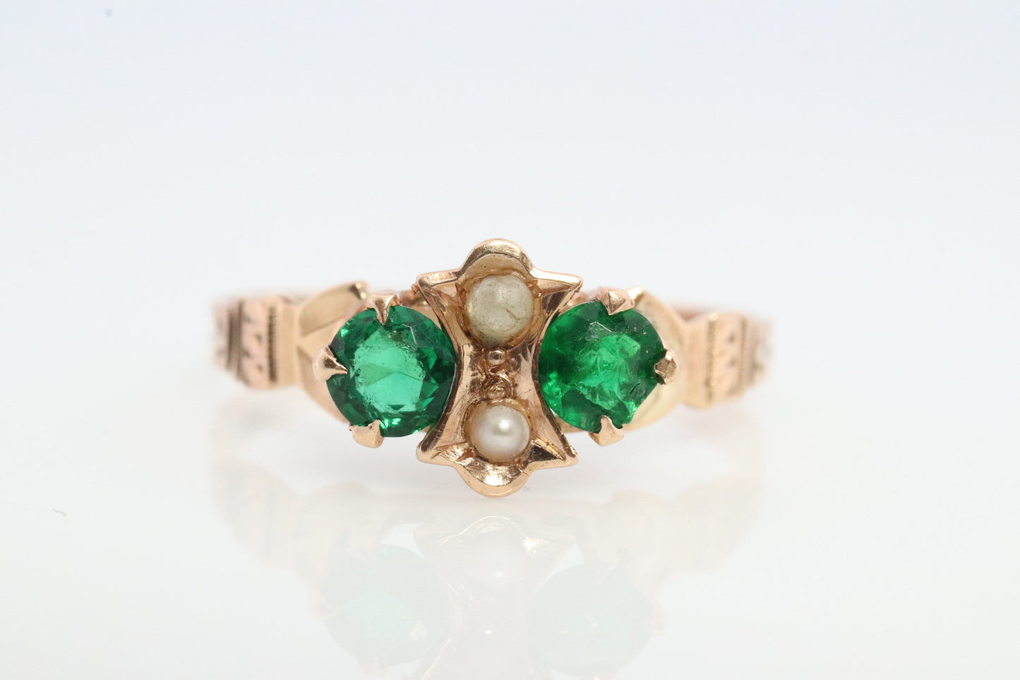 10k Victorian Pearl seed and Green Gem. Antique 10k Rose Gold WWW solitaire. White, Wile and Warner