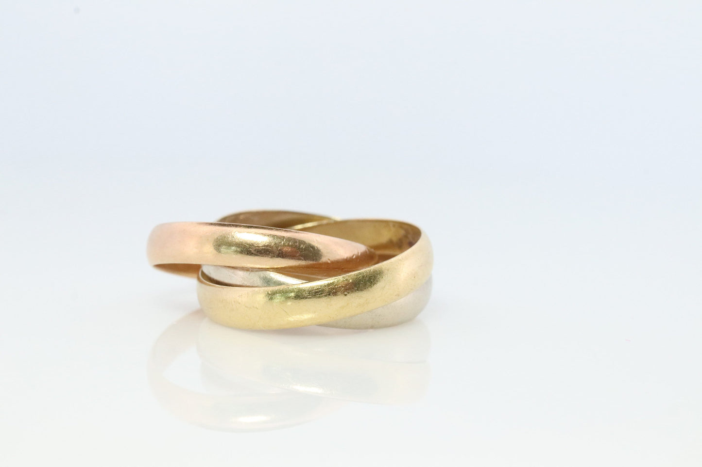 Vintage 18k 750 Rolling Ring. Trinity Tricolor Rolling Wedding Band. 18k 750 White Yellow Rose Gold Ring. Size 5.75