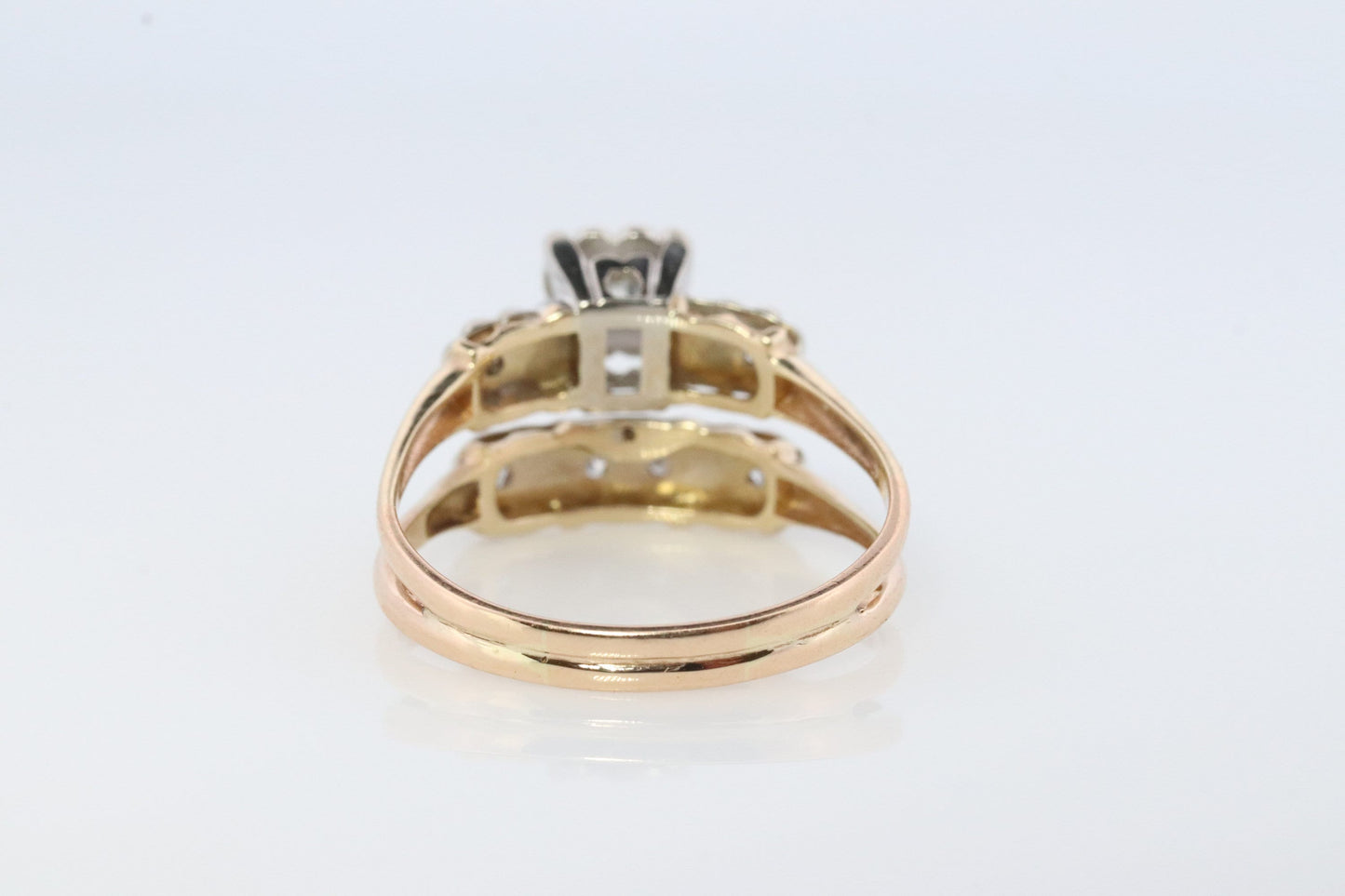 Vintage Art Deco Engagement Ring Set. 1950s. 14k Yellow and White Gold Diamond Wedding and Engagement Ring Set.