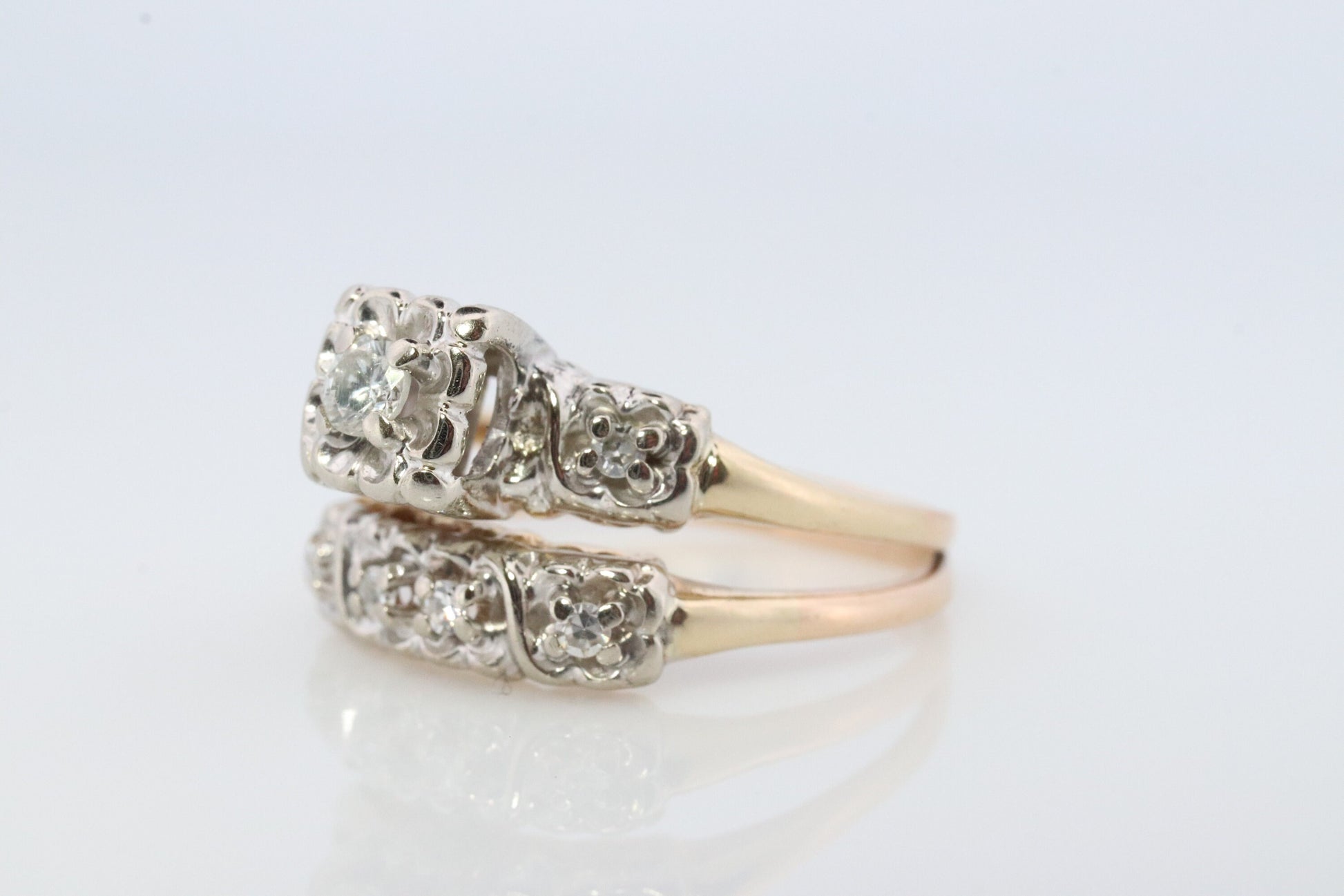 Vintage Art Deco Engagement Ring Set. 1950s. 14k Yellow and White Gold Diamond Wedding and Engagement Ring Set.