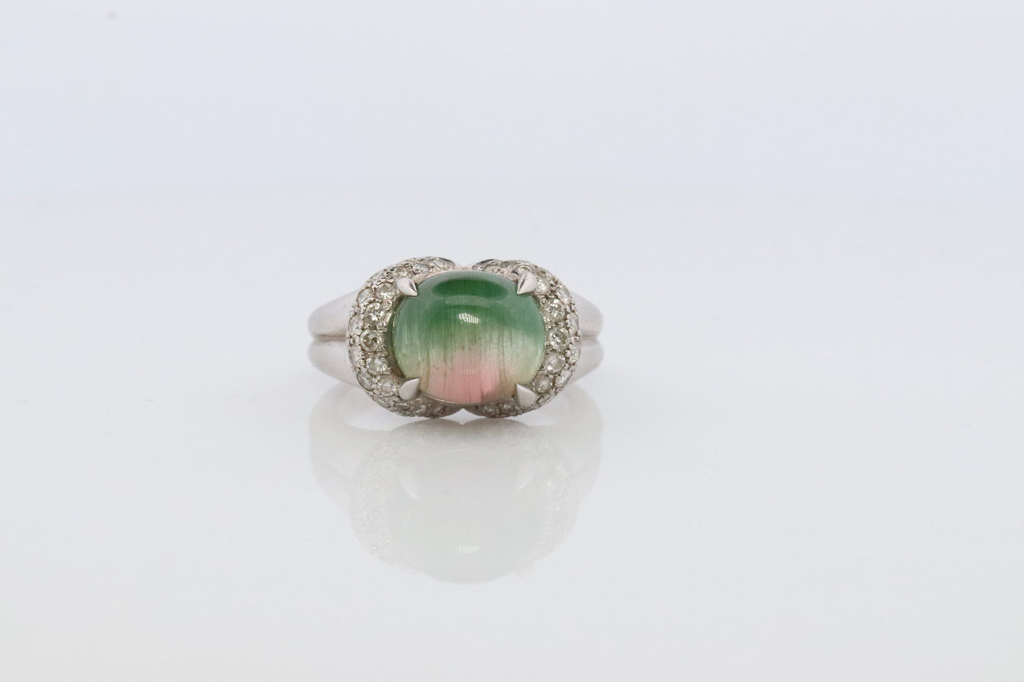 Watermelon Tourmaline ring. Platinum 900 Cat's Eye Tourmaline Cabochon with Diamond Halo ring.