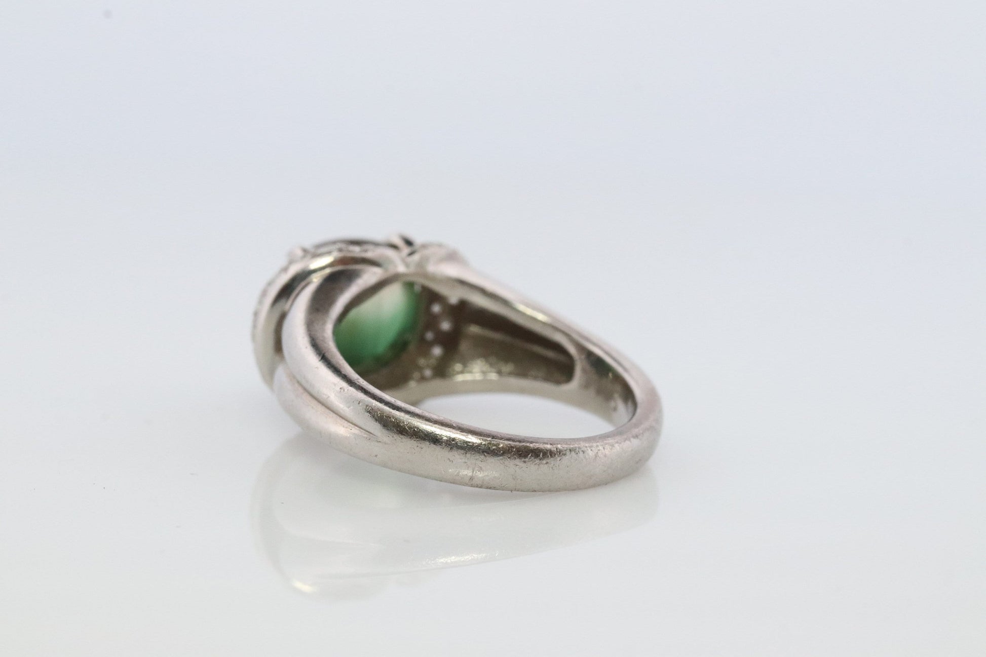 Watermelon Tourmaline ring. Platinum 900 Cat's Eye Tourmaline Cabochon with Diamond Halo ring.