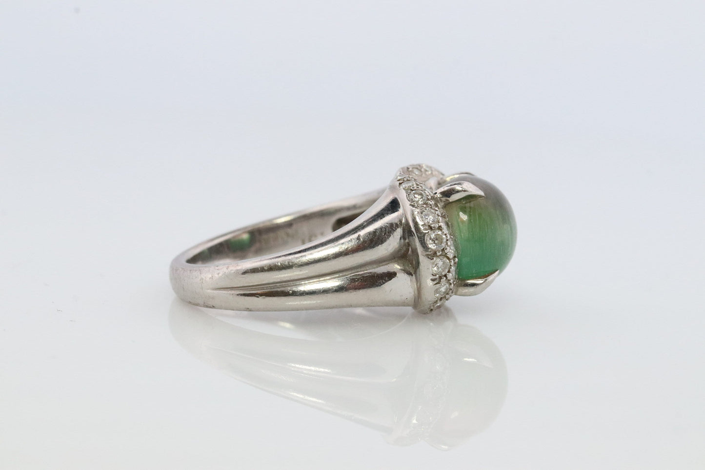 Watermelon Tourmaline ring. Platinum 900 Cat's Eye Tourmaline Cabochon with Diamond Halo ring.