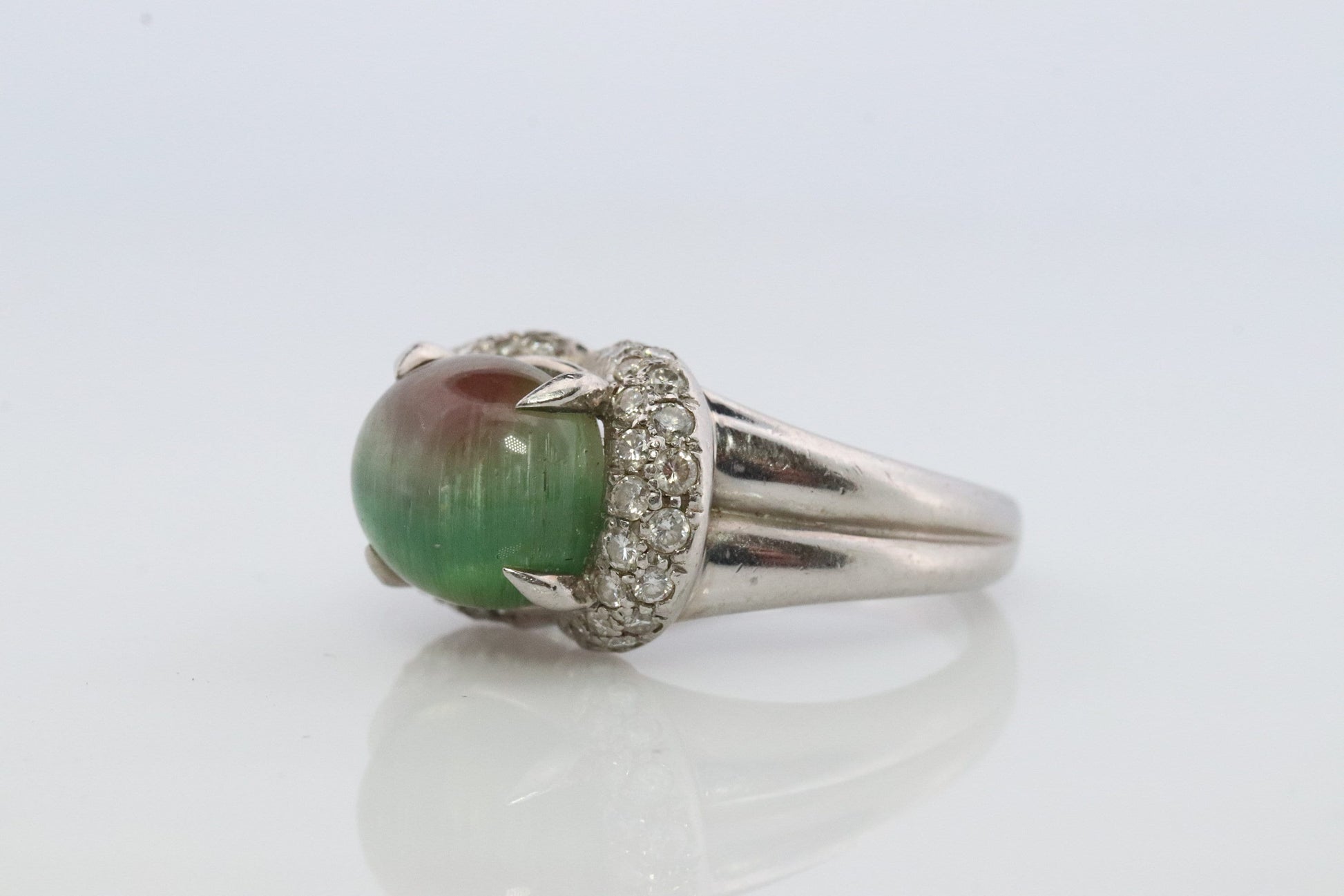 Watermelon Tourmaline ring. Platinum 900 Cat's Eye Tourmaline Cabochon with Diamond Halo ring.