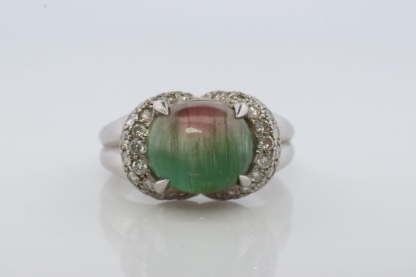 Watermelon Tourmaline ring. Platinum 900 Cat's Eye Tourmaline Cabochon with Diamond Halo ring.