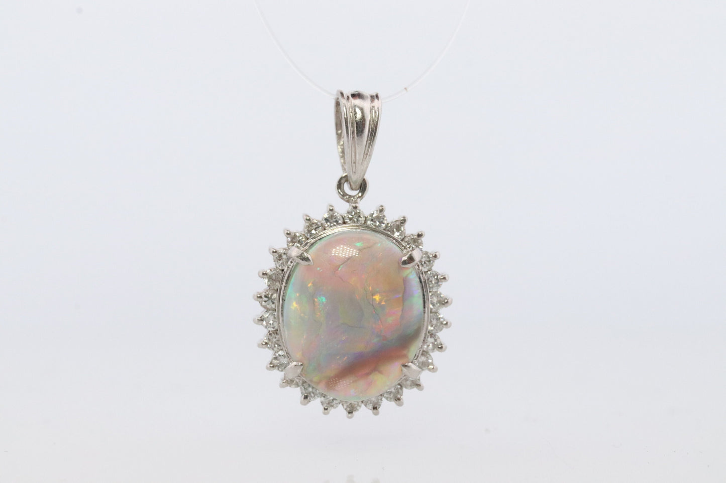 Opal Diamond Pendant. PT900 Platinum Opal Diamond Halo Pendant Necklace. Genuine Australian Opal Cabochon.