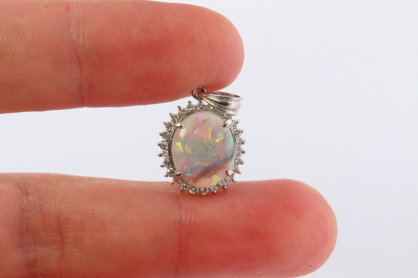 Opal Diamond Pendant. PT900 Platinum Opal Diamond Halo Pendant Necklace. Genuine Australian Opal Cabochon.