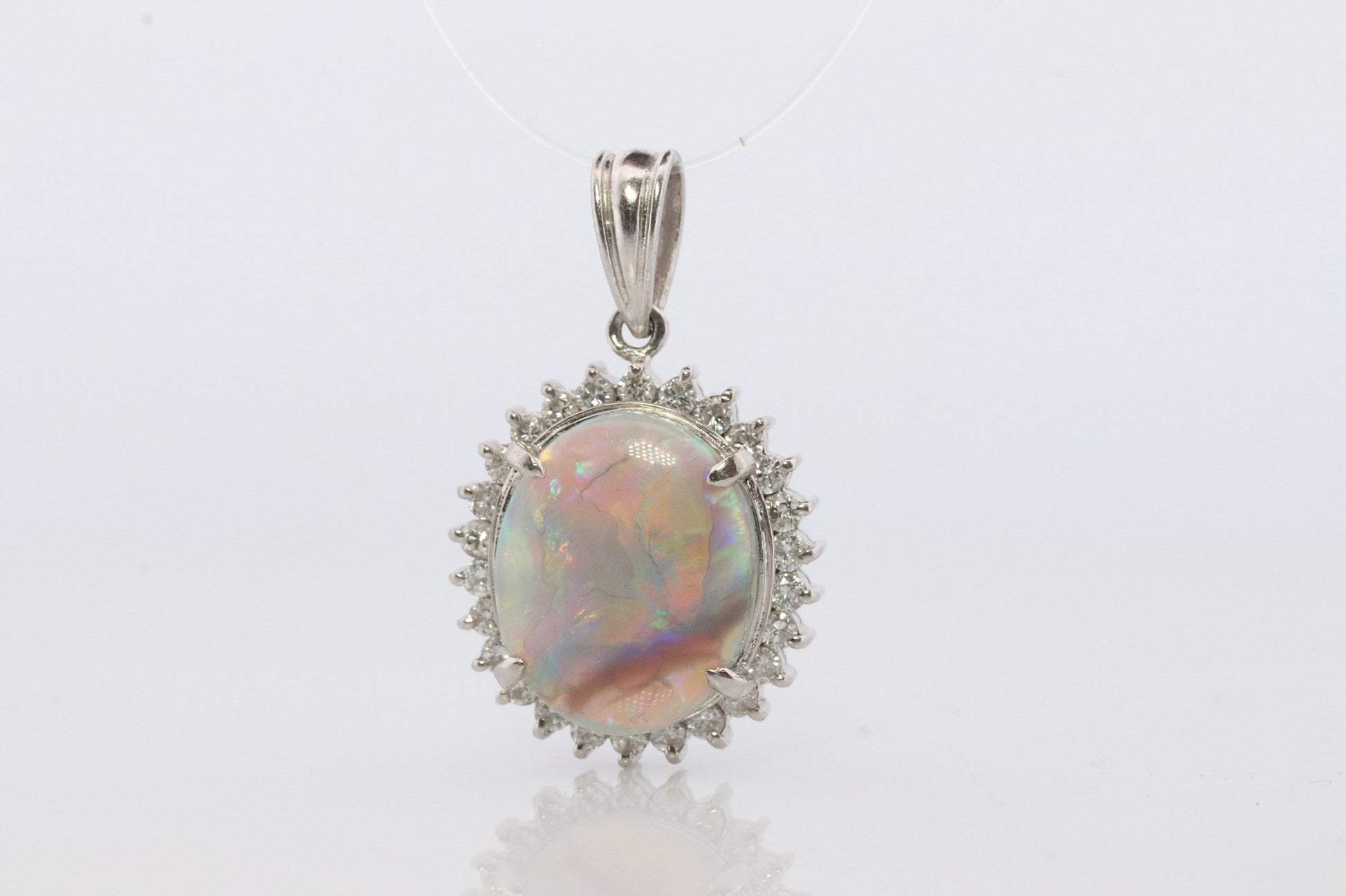 Opal Diamond Pendant. PT900 Platinum Opal Diamond Halo Pendant Necklace. Genuine Australian Opal Cabochon.