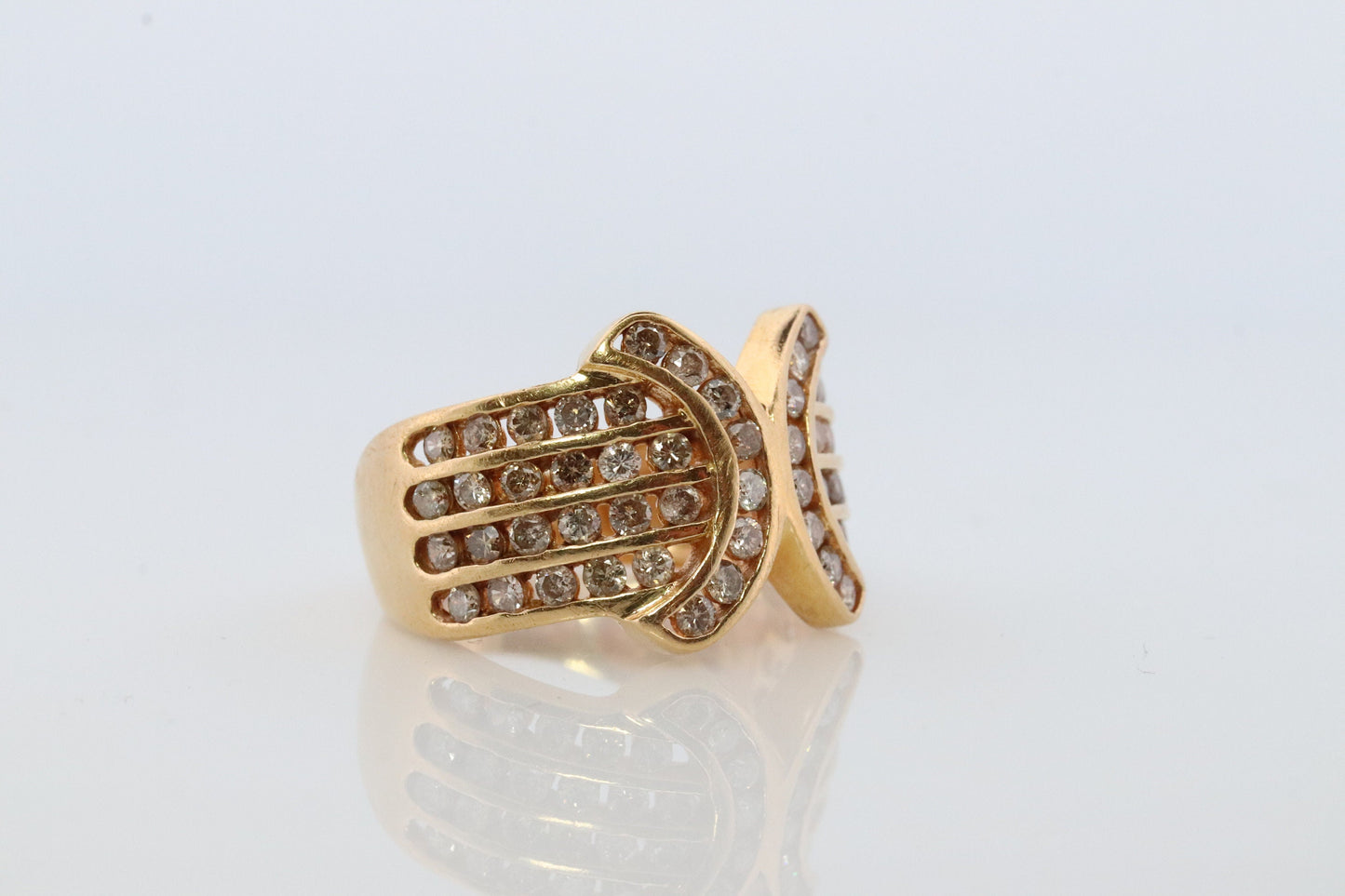 Diamond Ring. 18k Yellow Gold 1CTW Diamond Ring. Double C X Crossover Channel set diamonds wide band.