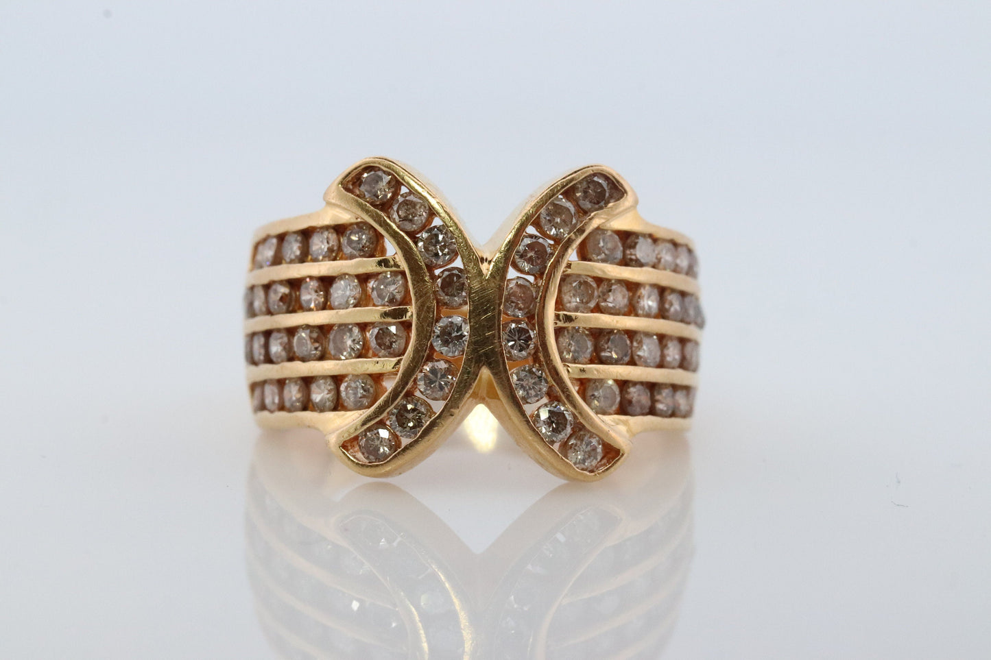 Diamond Ring. 18k Yellow Gold 1CTW Diamond Ring. Double C X Crossover Channel set diamonds wide band.
