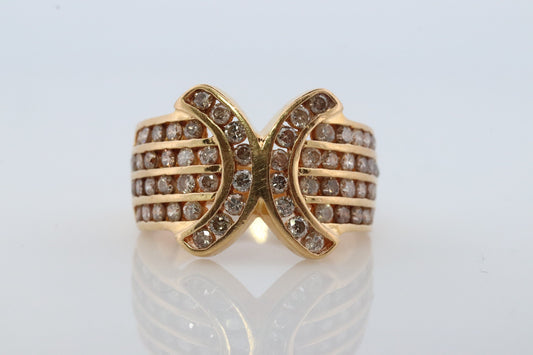 Diamond Ring. 18k Yellow Gold 1CTW Diamond Ring. Double C X Crossover Channel set diamonds wide band.