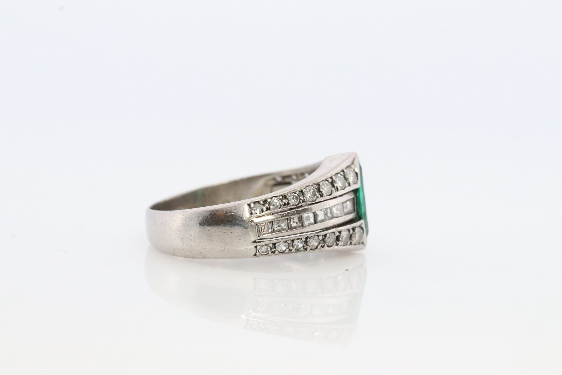 Emerald Ring. Genuine Emerald and Diamond Platinum Ring. PT900 Plat Marquise Emerald Diamond Solitaire Band.
