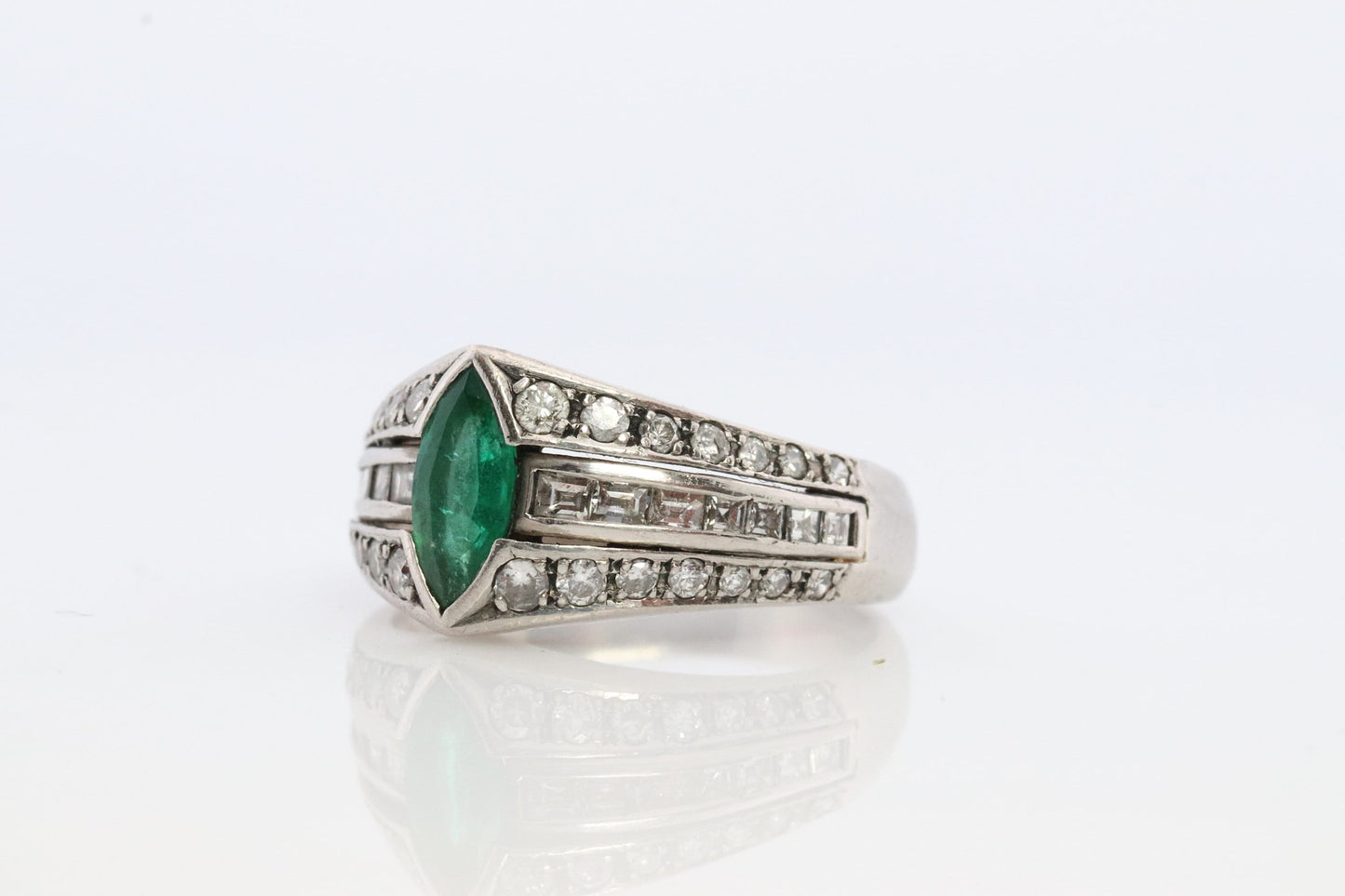 Emerald Ring. Genuine Emerald and Diamond Platinum Ring. PT900 Plat Marquise Emerald Diamond Solitaire Band.