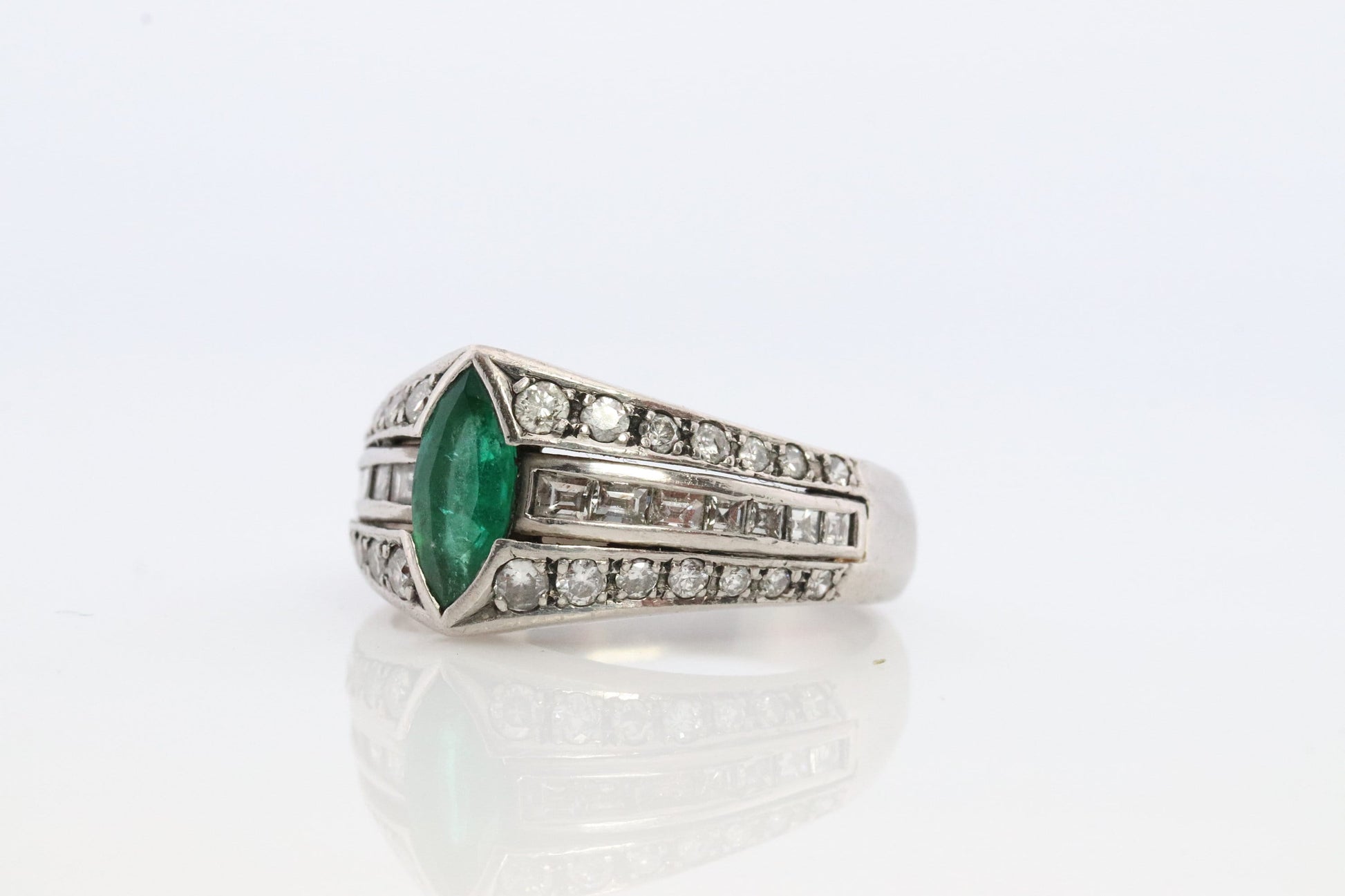 Emerald Ring. Genuine Emerald and Diamond Platinum Ring. PT900 Plat Marquise Emerald Diamond Solitaire Band.