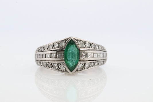 Emerald Ring. Genuine Emerald and Diamond Platinum Ring. PT900 Plat Marquise Emerald Diamond Solitaire Band.