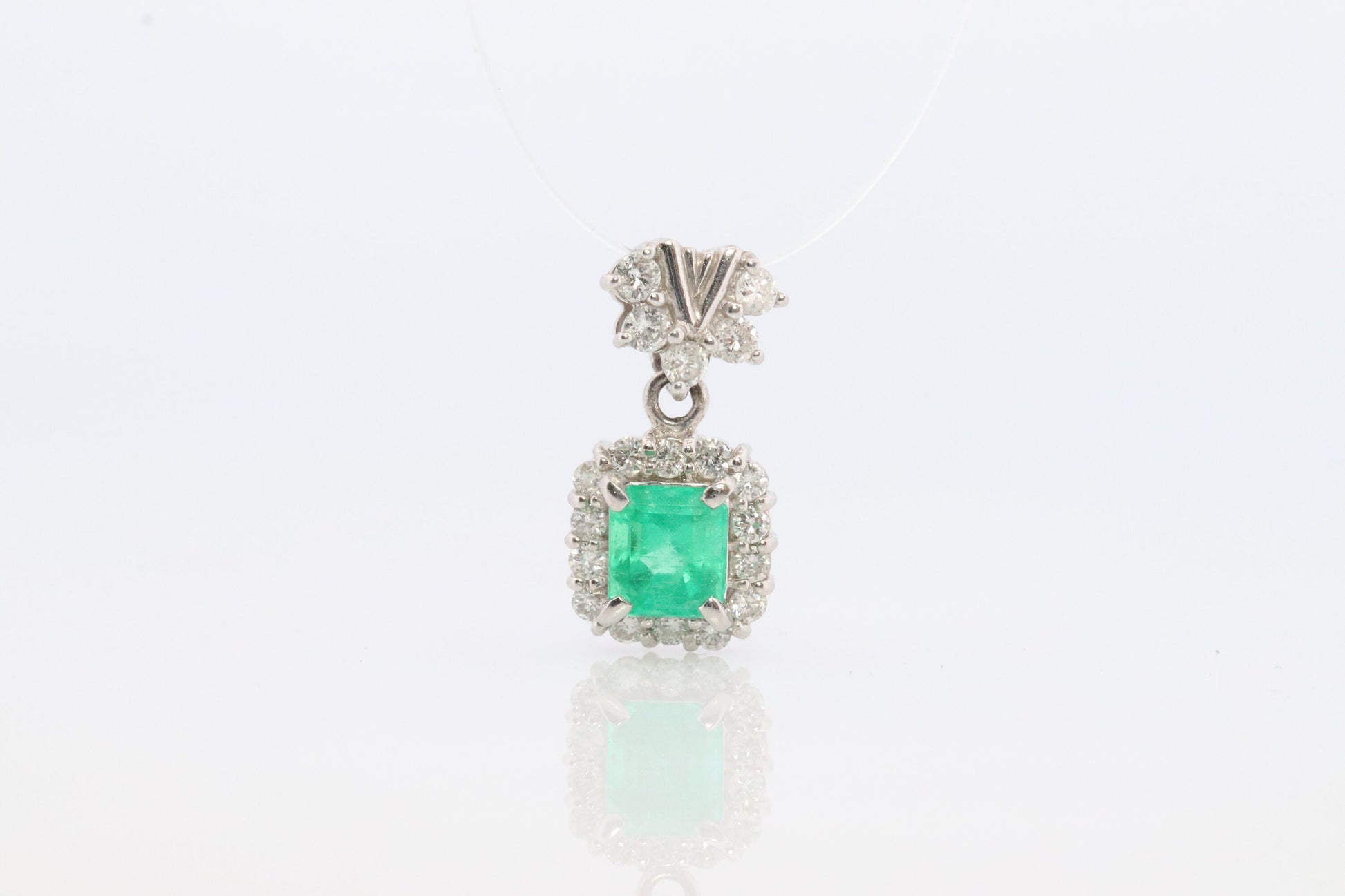 Emerald Pendant. Genuine Emerald and Diamond halo Platinum Pendant. PT900 Plat Square Emerald Diamond Solitaire Pendant Necklace.