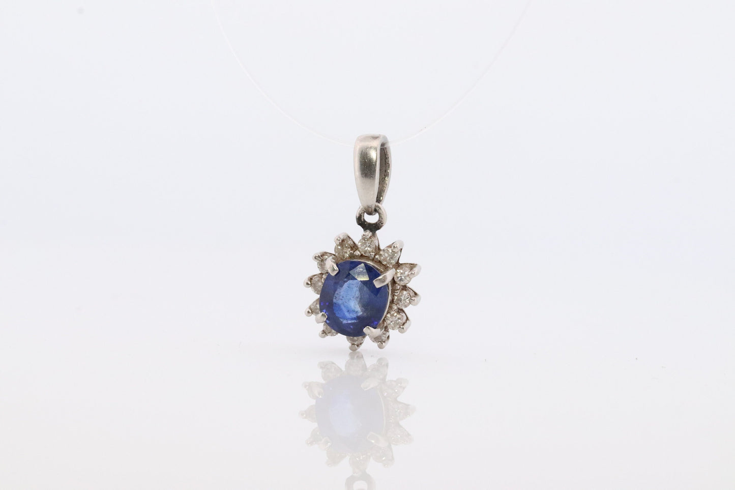 Sapphire Pendant. Genuine Sapphire and Diamond halo Platinum Pendant. PT900 Plat Oval Sapphire Diamond Solitaire Pendant Necklace.