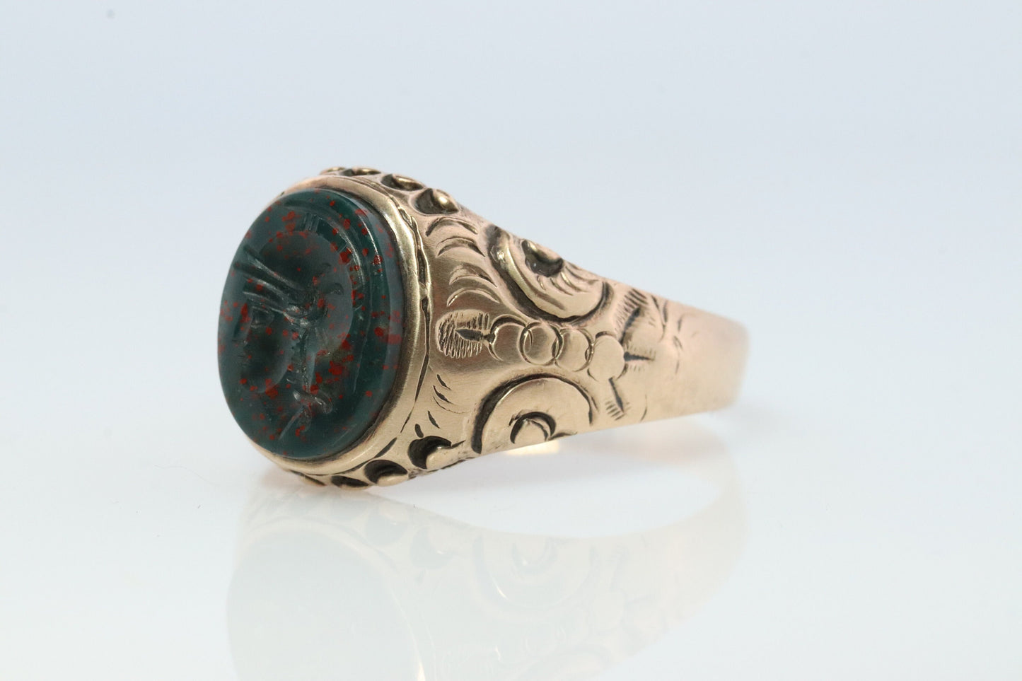 10k Bloodstone ring. Black and Red Blood stone yellow gold signet ring. Warrior Intaglio Carved ring.