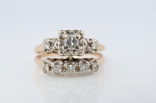 Vintage Art Deco Engagement Ring Set. 1950s. 14k Yellow and White Gold Diamond Wedding and Engagement Ring Set. #1059