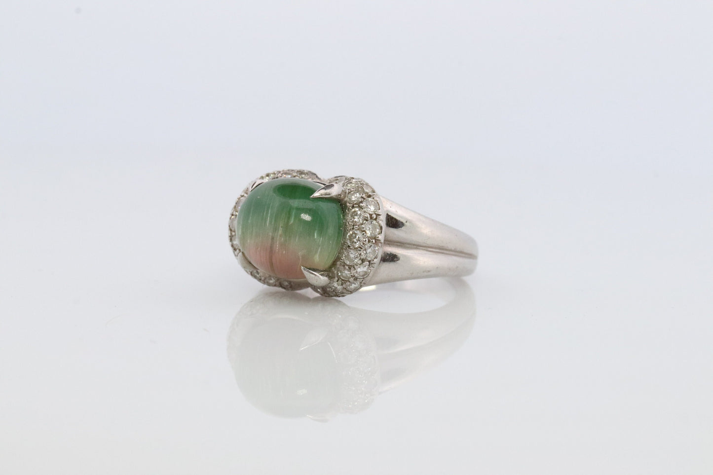 Watermelon Tourmaline ring. Platinum 900 Cat's Eye Tourmaline Cabochon with Diamond Halo ring.