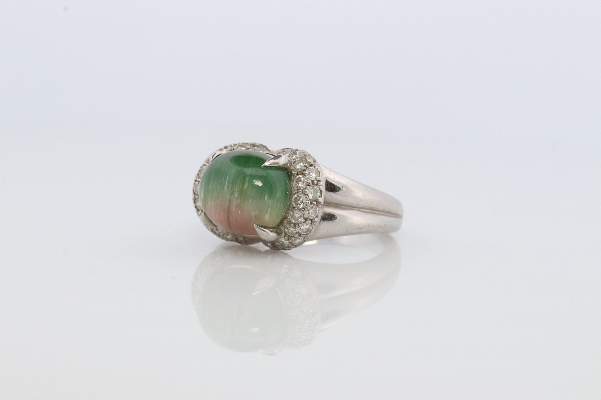 Watermelon Tourmaline ring. Platinum 900 Cat's Eye Tourmaline Cabochon with Diamond Halo ring.