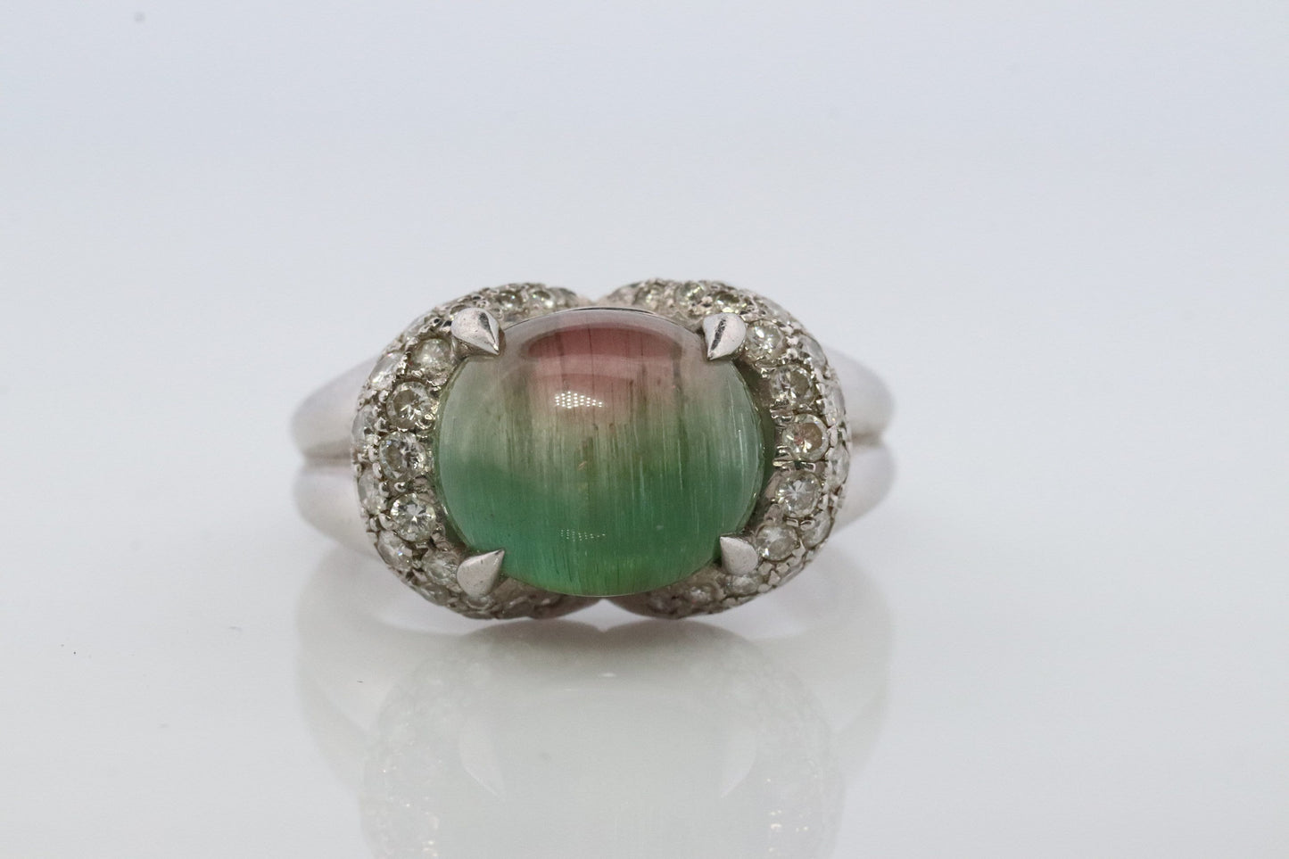 Watermelon Tourmaline ring. Platinum 900 Cat's Eye Tourmaline Cabochon with Diamond Halo ring.