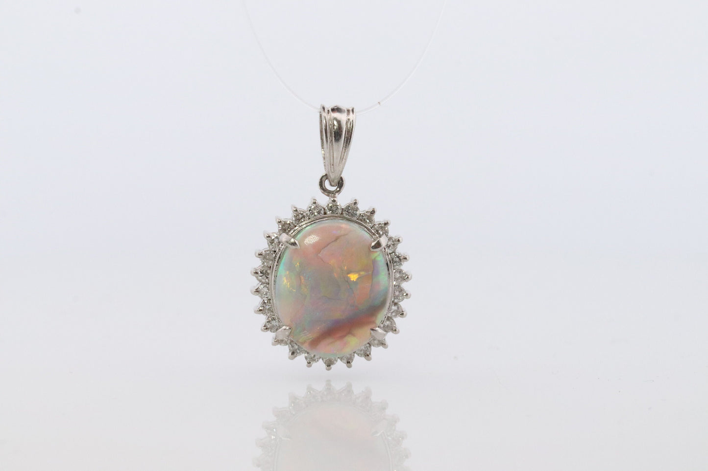 Opal Diamond Pendant. PT900 Platinum Opal Diamond Halo Pendant Necklace. Genuine Australian Opal Cabochon.