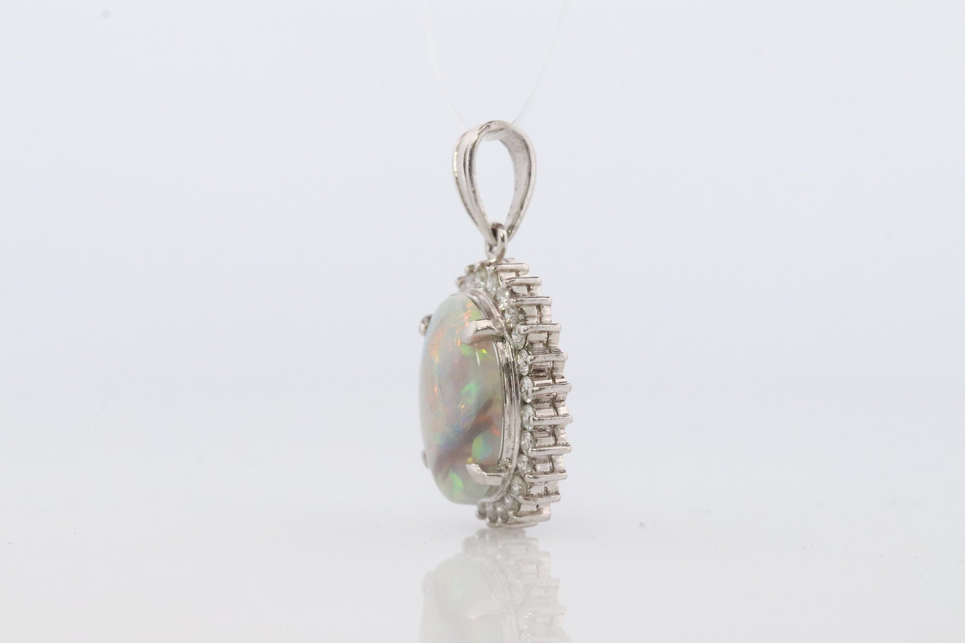 Opal Diamond Pendant. PT900 Platinum Opal Diamond Halo Pendant Necklace. Genuine Australian Opal Cabochon.