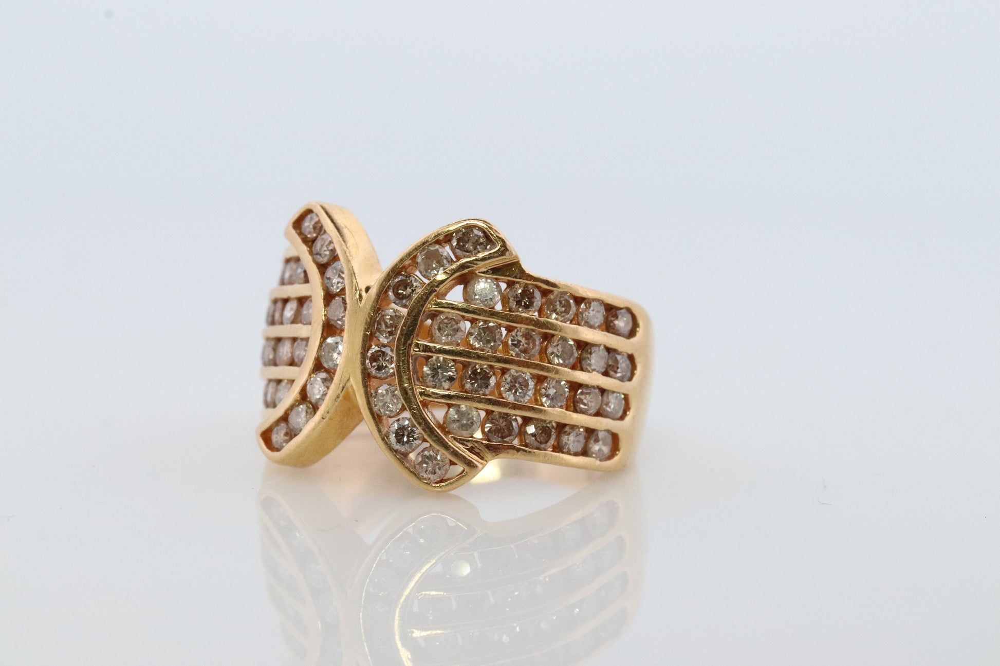 Diamond Ring. 18k Yellow Gold 1CTW Diamond Ring. Double C X Crossover Channel set diamonds wide band.