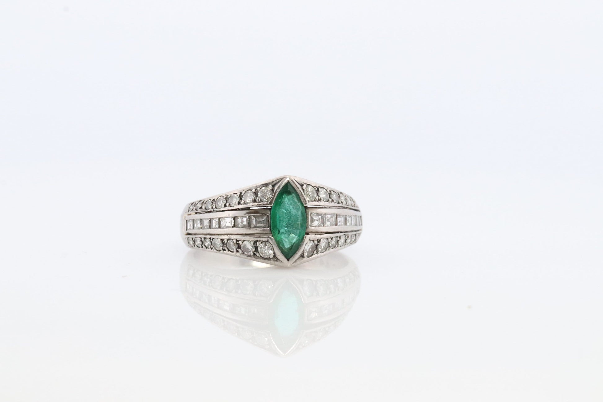 Emerald Ring. Genuine Emerald and Diamond Platinum Ring. PT900 Plat Marquise Emerald Diamond Solitaire Band.