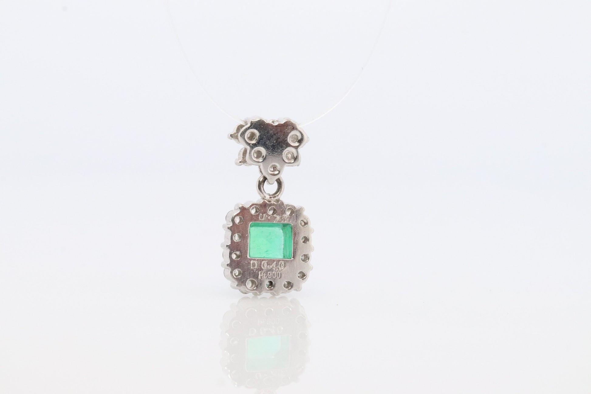 Emerald Pendant. Genuine Emerald and Diamond halo Platinum Pendant. PT900 Plat Square Emerald Diamond Solitaire Pendant Necklace.