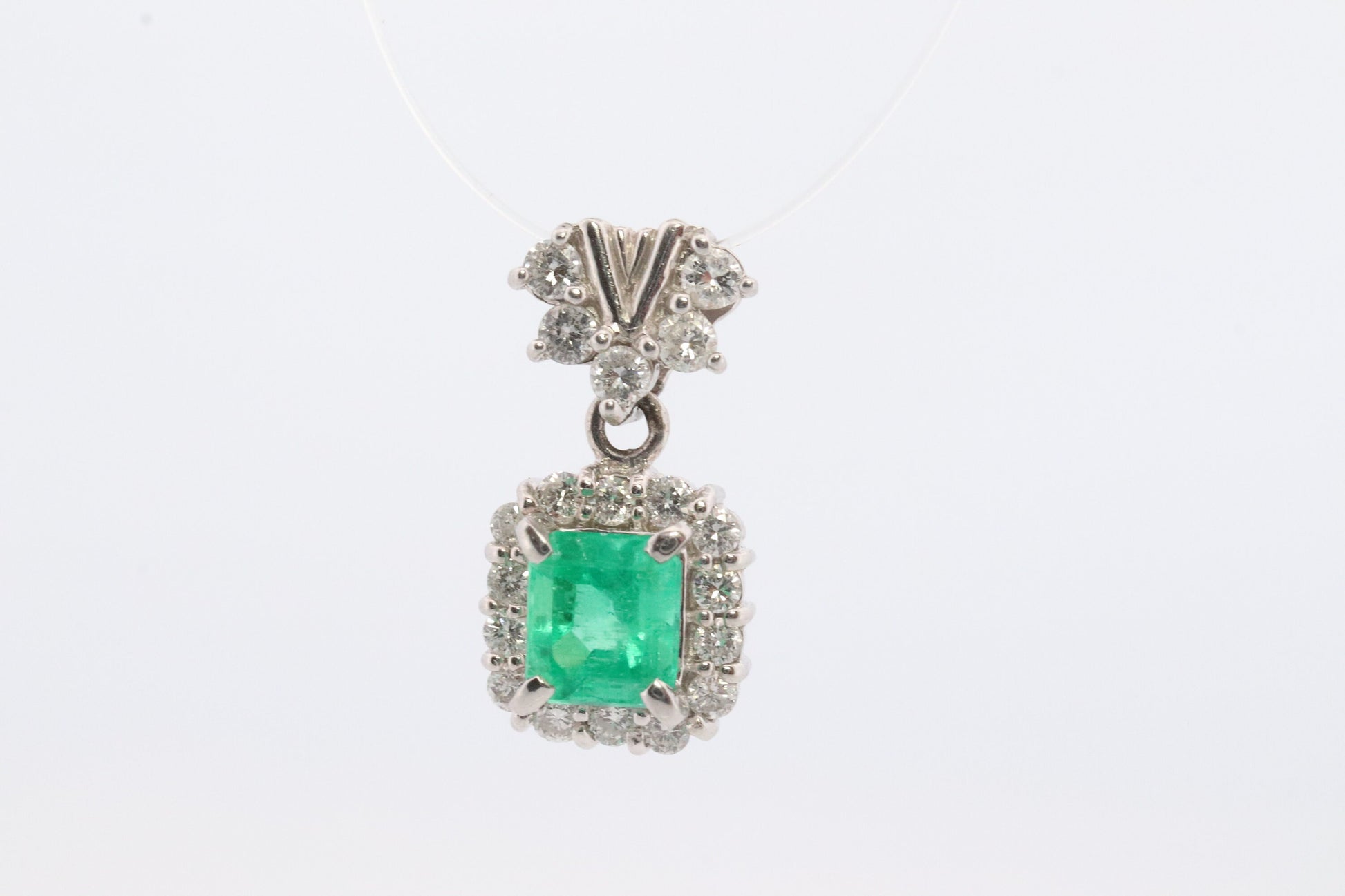 Emerald Pendant. Genuine Emerald and Diamond halo Platinum Pendant. PT900 Plat Square Emerald Diamond Solitaire Pendant Necklace.