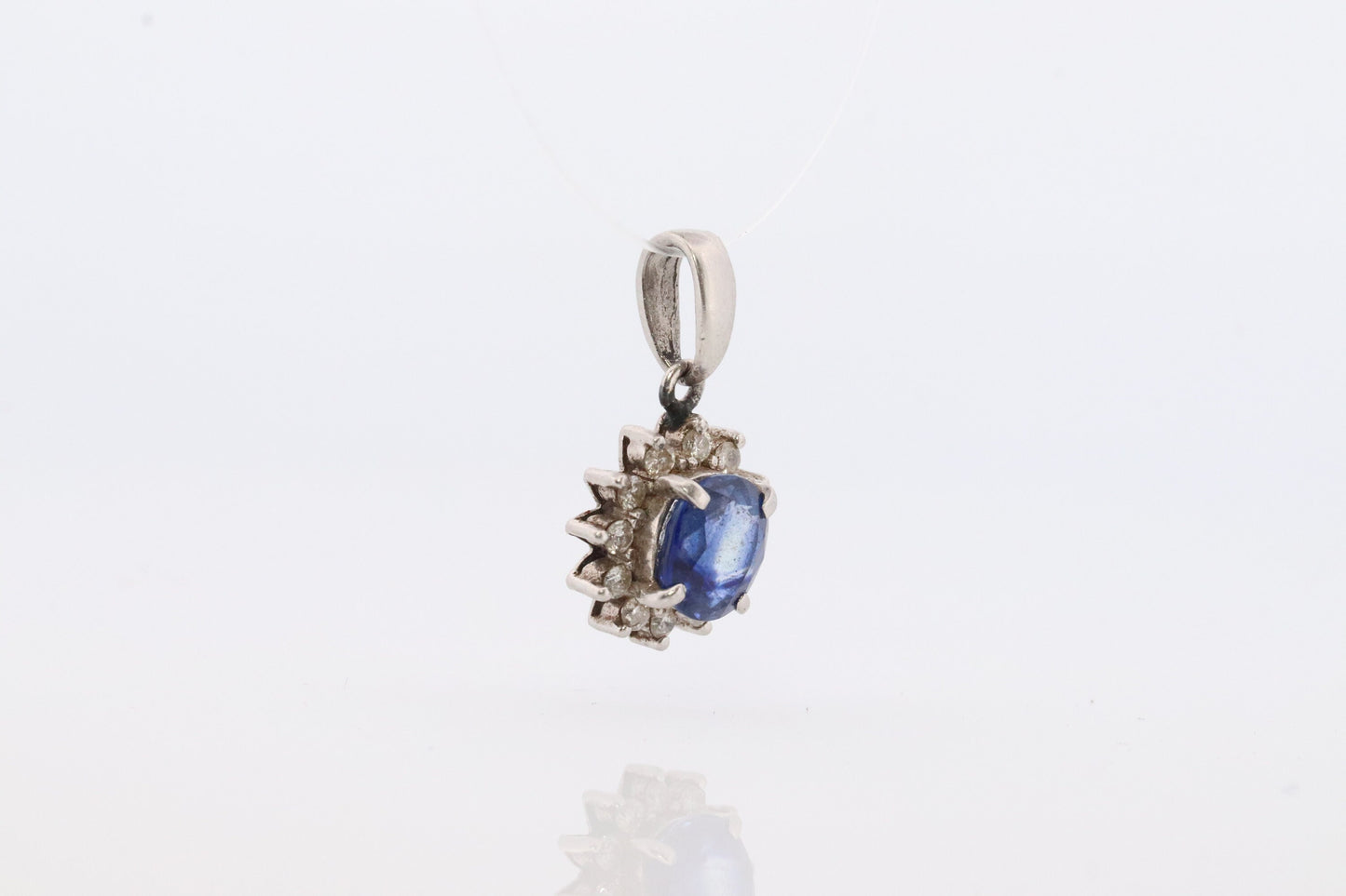 Sapphire Pendant. Genuine Sapphire and Diamond halo Platinum Pendant. PT900 Plat Oval Sapphire Diamond Solitaire Pendant Necklace.