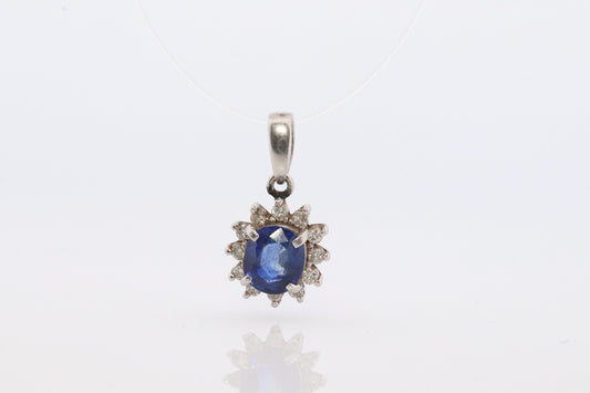 Sapphire Pendant. Genuine Sapphire and Diamond halo Platinum Pendant. PT900 Plat Oval Sapphire Diamond Solitaire Pendant Necklace.